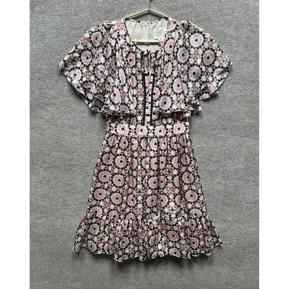Kate Spade Floral Mosaic Flutter Mini Dress Women 2 Pink Silk Multi Metal‎ NWT